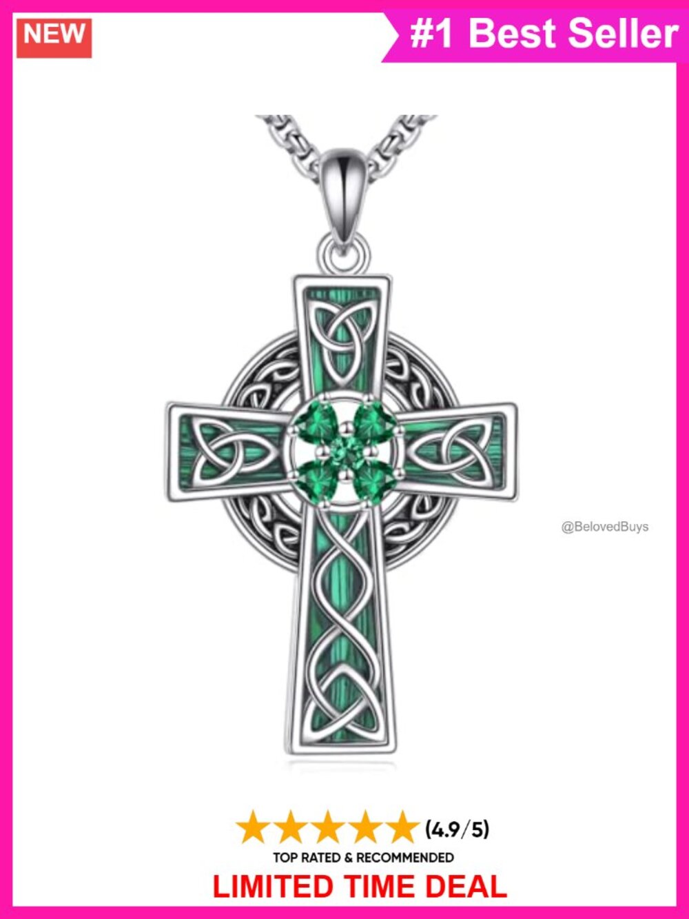 925 Sterling Silver Celtic Cross Pendant Necklace Zircon Four Leaf Clover Women